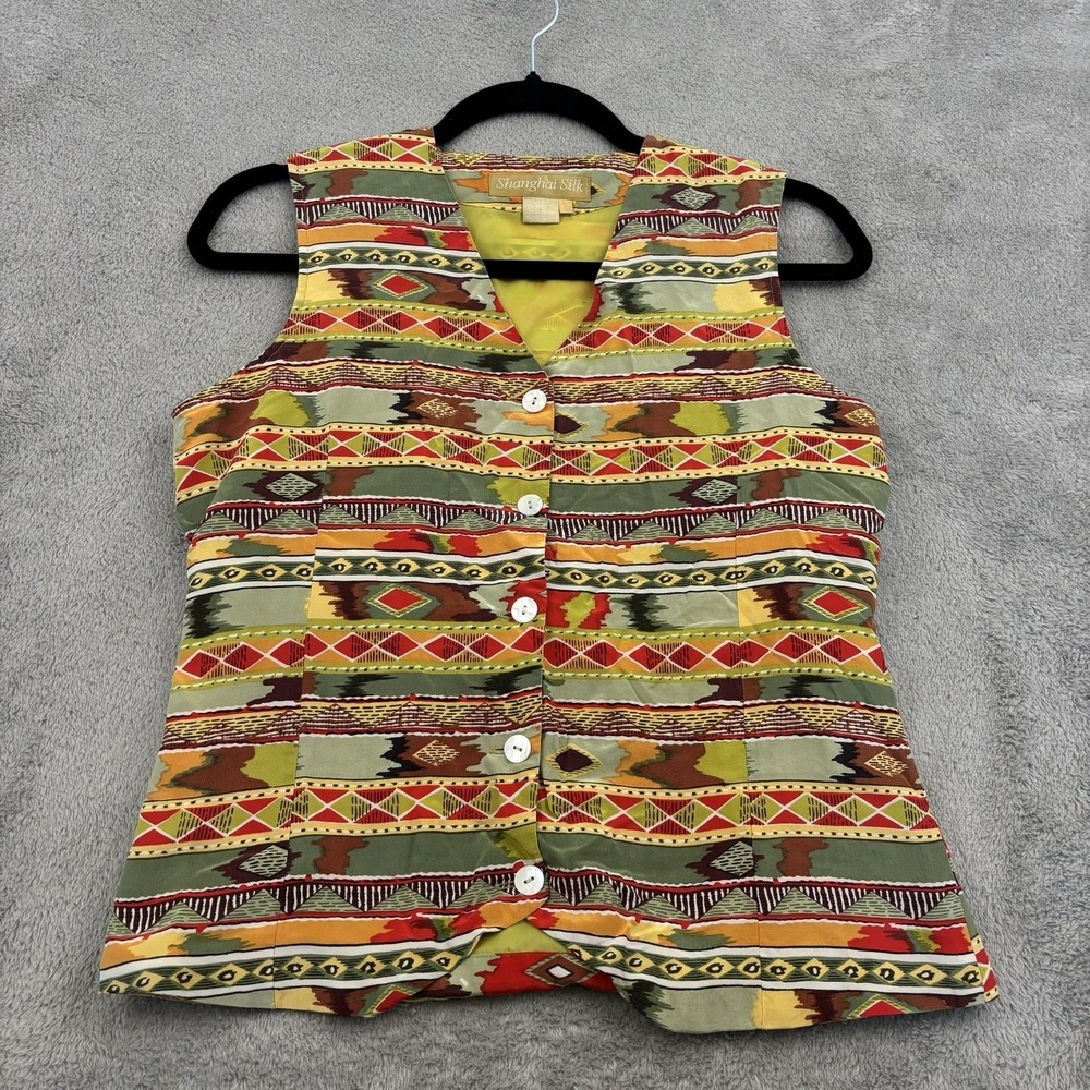 Shanghai Silk Button Front Vest Womens 6‎ Multicolor Aztec Tribal Western Artsy
